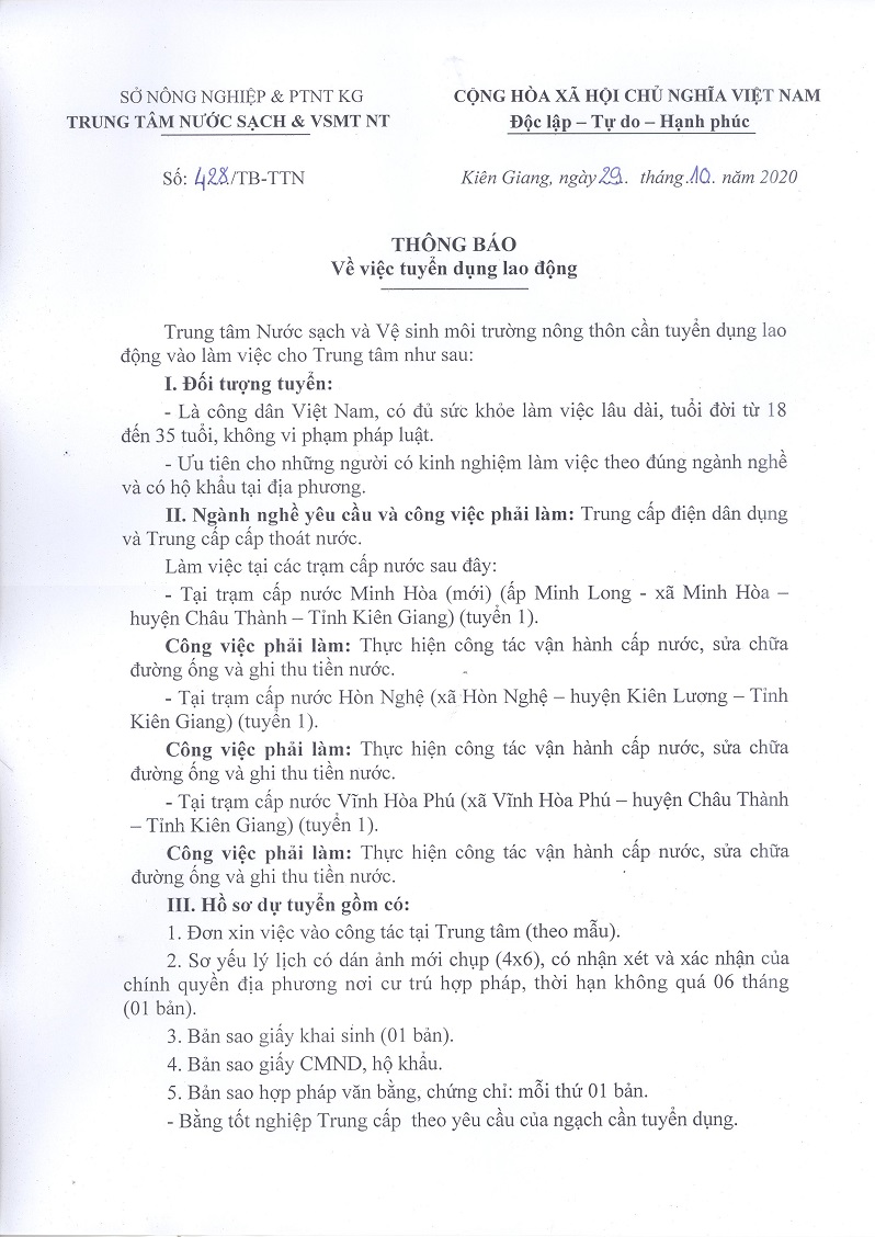 Tuyển dụng lao động tháng 10/2020